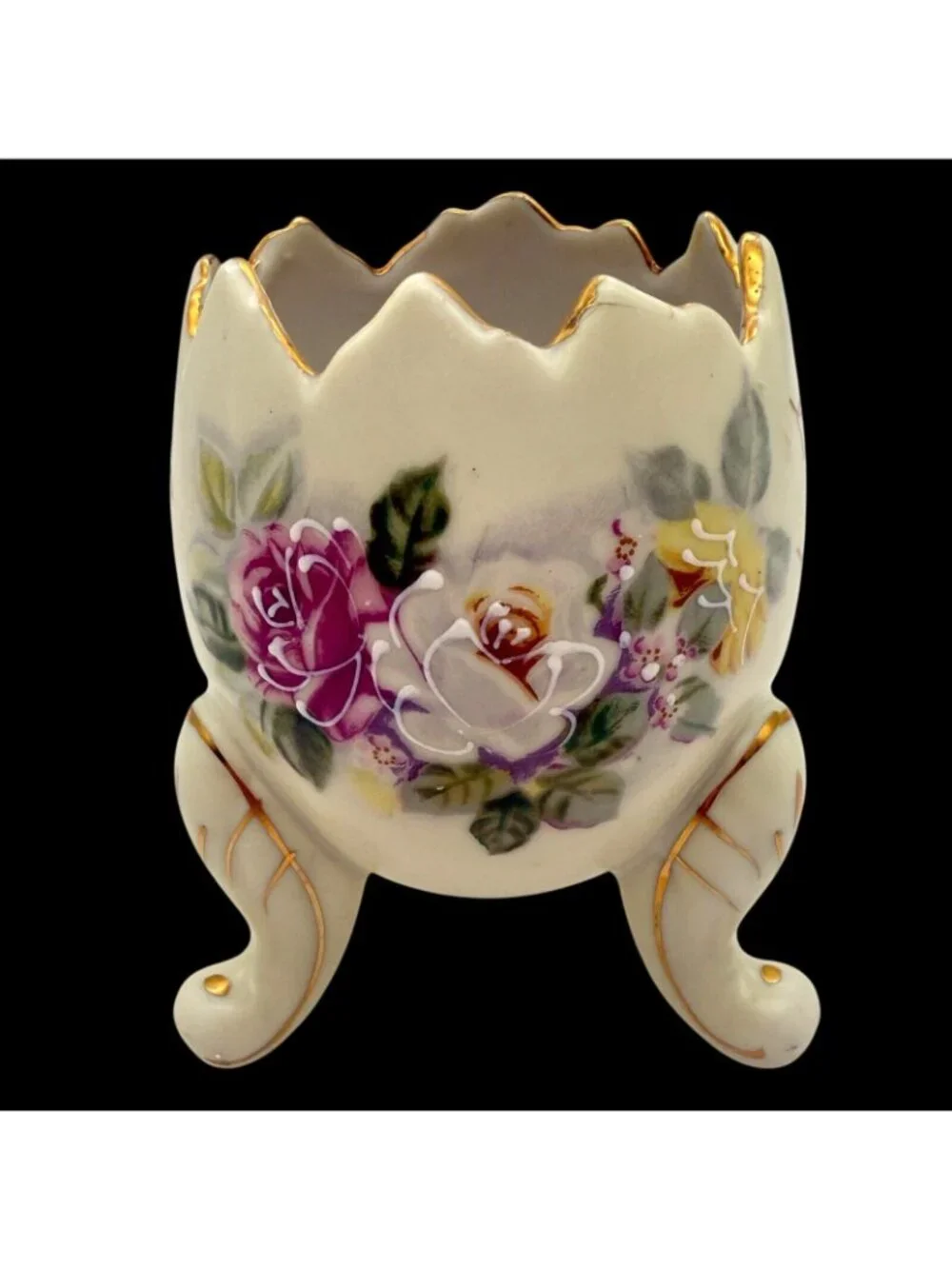 Vtg 1960s Inarco Handpainted Porcelain Broken Egg Vase Roses MCM 4